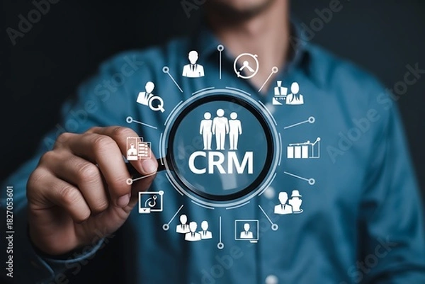 Fototapeta Man uses magnifying glass to examine crm customer relationship management icons