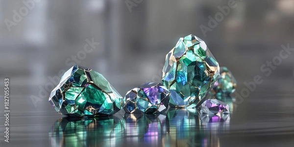 Obraz Floating rare earth mineral monoliths with metallic veins over reflective surface