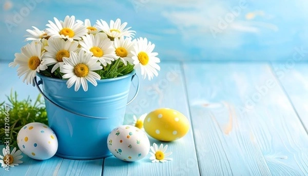 Fototapeta Light blue bucket of white daisies with pastel Easter eggs on matching blue surface and background