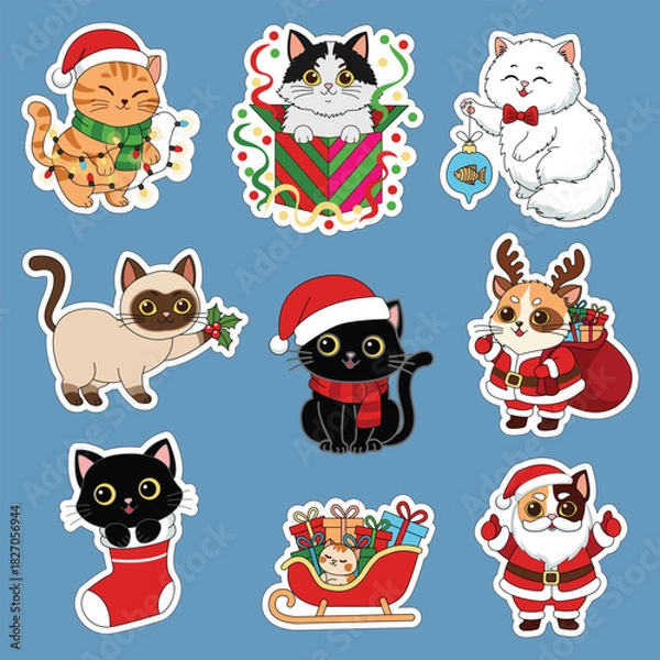 Obraz Sticker set. Cute Christmas cats. Vector illustration.