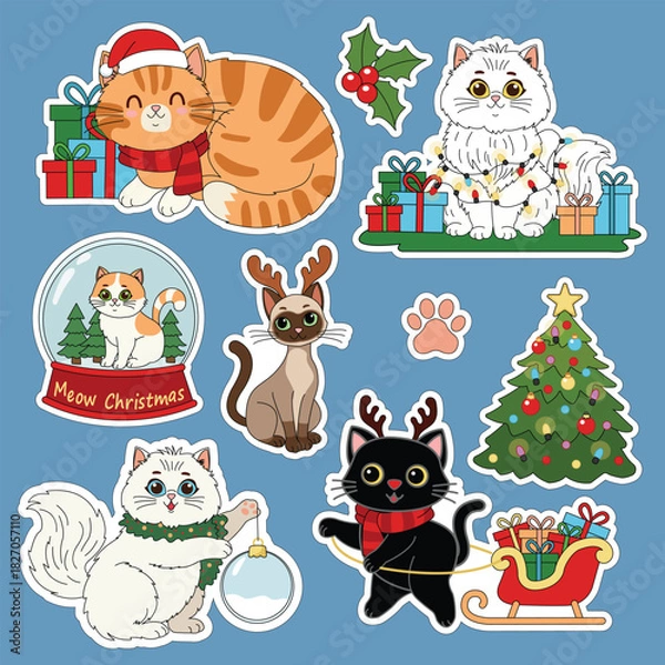 Obraz Sticker set. Cute Christmas cats. Vector illustration.
