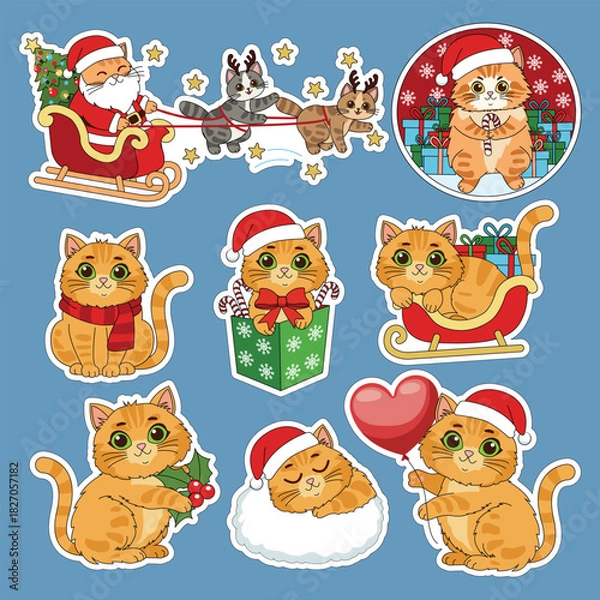 Obraz Sticker set. Cute Christmas cats. Vector illustration.