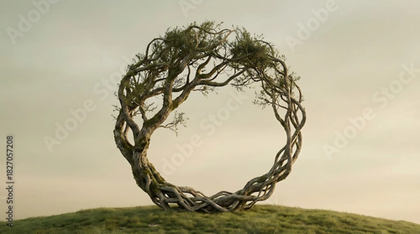 Obraz Minimalist tree art with circular roots and branches in a calm natural style