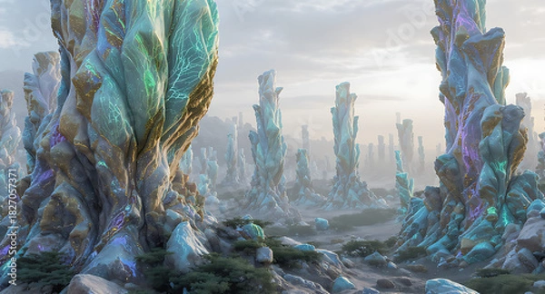 Obraz Ethereal forest of towering mineral formations shrouded in mist with soft ambient light and intricate textures