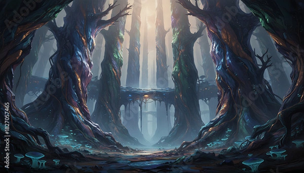 Obraz Ethereal forest of towering mineral formations shrouded in mist with soft ambient light and intricate textures