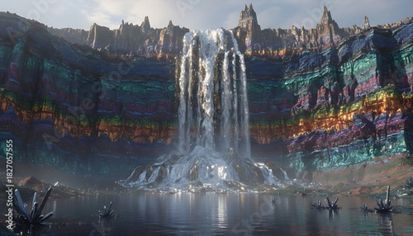 Obraz A rare earth mineral cliff with a waterfall of liquid metallic minerals