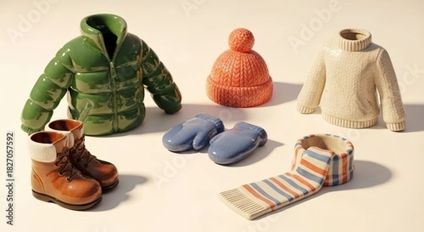 Obraz Ceramic figurines of winter clothes and boots. Puffer jacket, sweater, hat, mittens and scarf. Winter holidays, outdoors. Handmade crafts and workshops. Decor for supermarkets and department stores