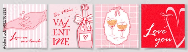 Obraz A set of Valentines Day cards. Modern design in a trendy retro hand-drawn doodle style champagne bottles, glasses, whimsical bows, hearts. Soft pink tones in banner, poster, cover, templates