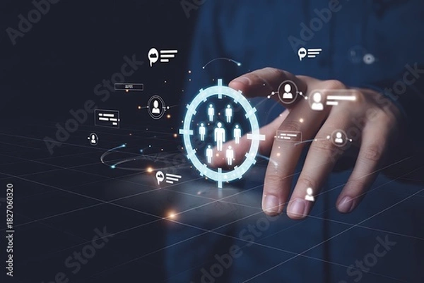 Fototapeta Hand interacting with futuristic digital target audience selection interface