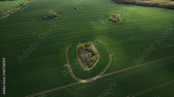 Fototapeta aerial view, drone shot, field, green field, agriculture, farmland, countryside, spring, rural, landscape, trees, island of trees, natural island, crop field, farmland structure, tractor tracks, crop 