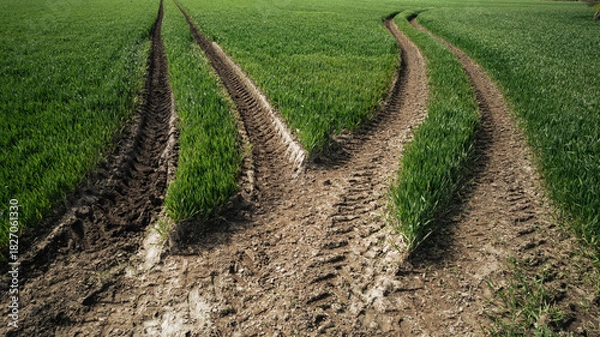 Fototapeta aerial view, drone shot, green fields, farmland, agriculture, countryside, spring landscape, rural area, crop fields, tractor tracks, geometric patterns, panoramic view, scenic, nature, ecology, tree