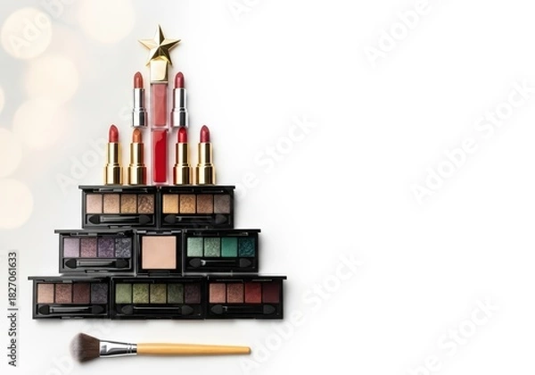 Obraz Christmas tree made of lipsticks and stack of eyeshadows in festive shades. Light background with copy space. Holiday banner for cosmetic shop, make-up artist. Christmas in beauty industry and fashion