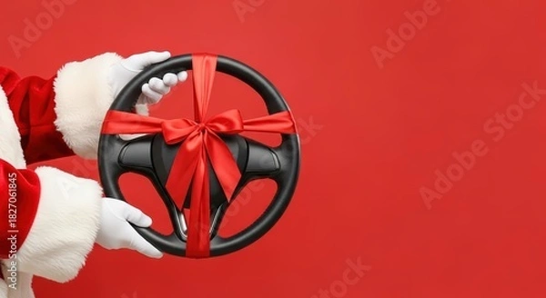 Obraz Santa's hands with car steering wheel, decorated with red ribbon on red background with copy space. Christmas or New Year gift concept. Wheels and cars, spare parts shop. Purchase of car on holidays