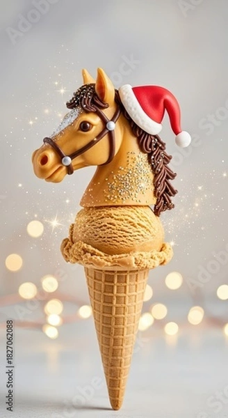 Obraz Scoop of caramel ice cream in cone with decoration shaped like a horse’s head, symbol of 2026, Christmas lights and bokeh, vertical New Year banner for cafes and gelateria, ice cream shop or parlor