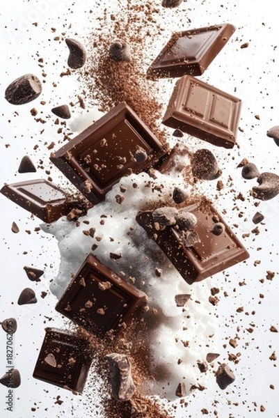 Fototapeta 3D render flying chocolate pieces with cocoa powder and milk splash, isolated on white background