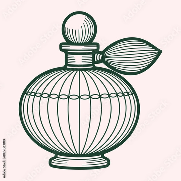 Fototapeta Vintage dark green outline perfume bottle with bulb sprayer on pale pink background illustration