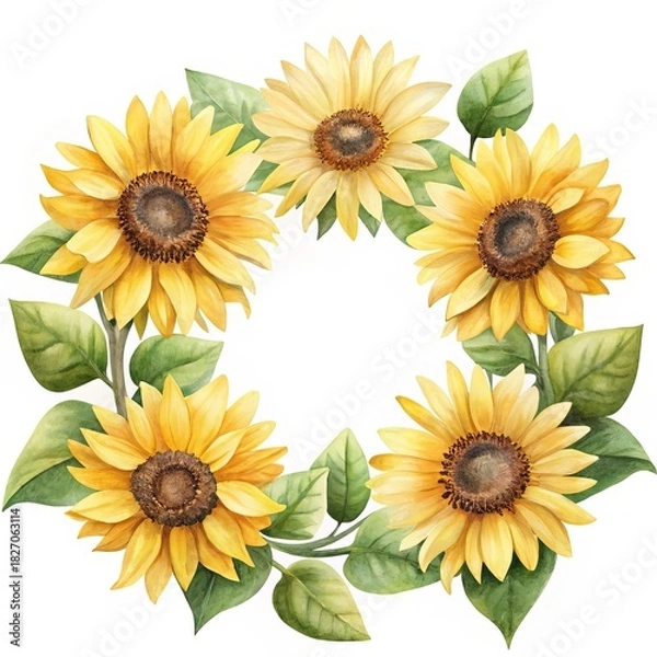 Obraz Watercolor sunflower wreath with green leaves, perfect for autumn decorations and invitations