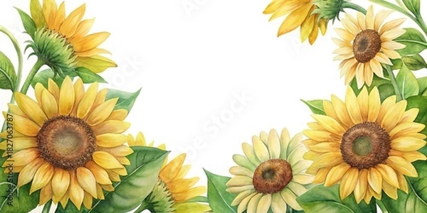 Obraz Beautiful watercolor painting of sunflowers arranged as a frame around white space