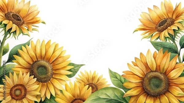Fototapeta Watercolor sunflowers in shades of yellow and gold with green leaves