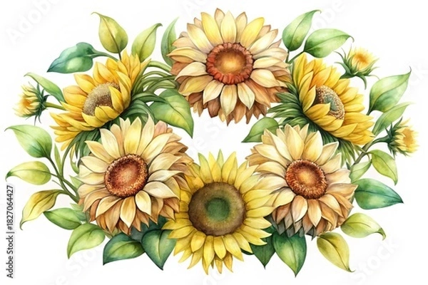 Fototapeta Watercolor Sunflowers Arranged in a Wreath on a White Background