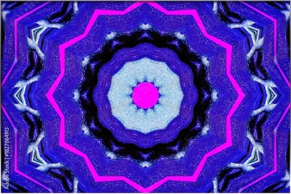 Fototapeta Concentric patterns unfold in vivid symmetry, their circular core glowing with deep blue and electric pink.