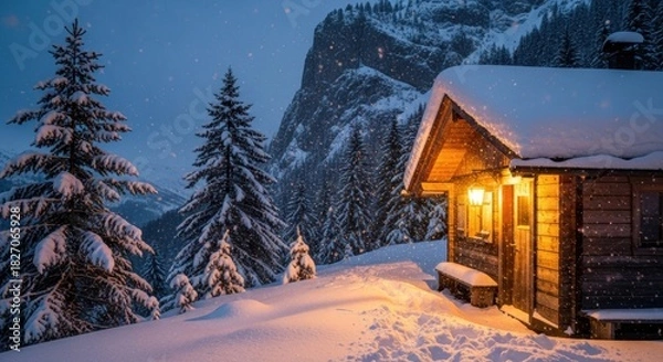 Fototapeta Rustic wooden cabin with a warm glowing light is nestled in a snowy mountain forest during a magical winter evening with heavy falling snow