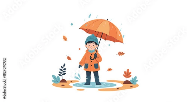 Fototapeta A young child in a warm coat and hat holds an orange umbrella in the rain surrounded by autumn leaves.
