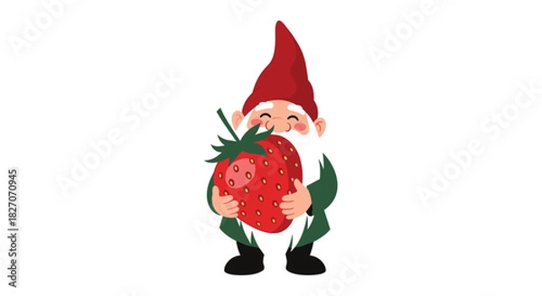 Fototapeta A cheerful gnome with a red hat holds a large strawberry with both hands.