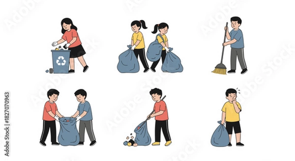 Fototapeta Illustrations of people collecting trash, cleaning, and being confused about waste management.