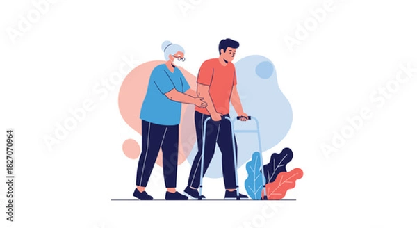 Fototapeta Elderly woman helps a young man use a walker with colorful abstract shapes in background.