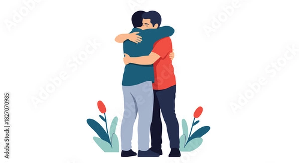 Fototapeta Two men embracing warmly in a hug surrounded by subtle floral elements.