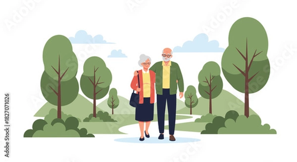 Fototapeta Elderly couple walks arm-in-arm through a lush park with trees and hills.