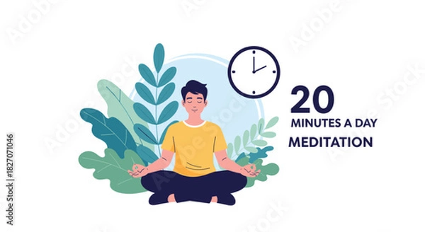 Fototapeta Illustration of a man meditating for 20 minutes a day with a clock and plants.