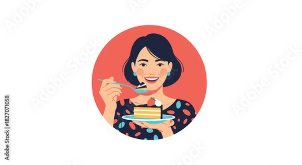 Fototapeta Smiling woman enjoys a slice of cake with a strawberry on top with a fork.
