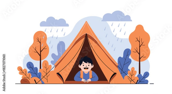Fototapeta A happy child peeks out of an orange tent during a rainy day in a forest setting.