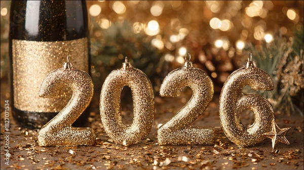 Obraz Golden vertical 2026 numbers with festive seasonal decorations, star confetti, and a bottle of sparkling wine