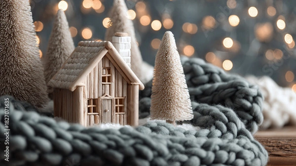 Obraz Minimalist side view Scandinavian Christmas scene with a wooden house, pine trees, and knit blanket capturing cozy and serene winter vibes
