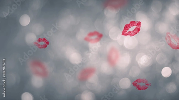 Obraz Romantic red kiss marks drift over a dreamy soft bokeh background for love and romance