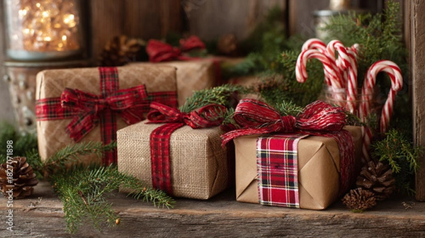 Fototapeta Wrapped presents with red plaid ribbons sit among candy canes and pine sprigs, creating a warm holiday scene that captures Christmas and New Year cheer with rustic charm