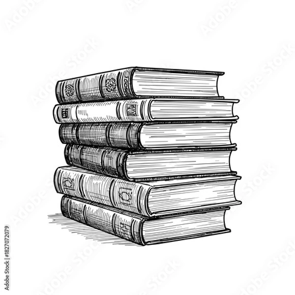 Fototapeta Stack of five vintage books in hand-drawn style  