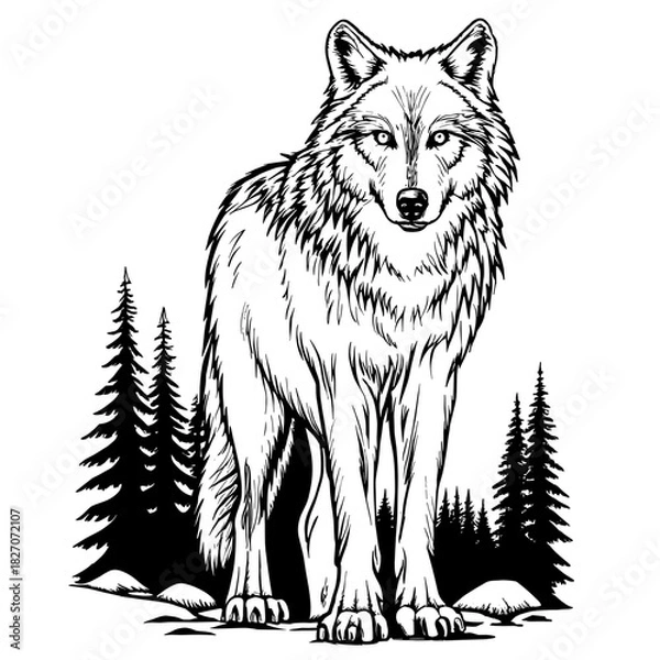 Obraz Wolf standing among pine trees in black and white illustration  