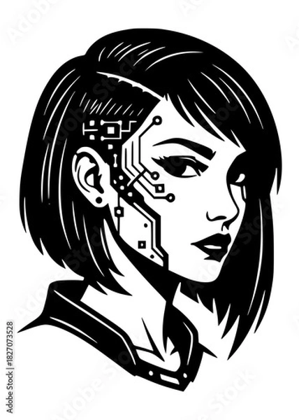 Fototapeta Cyberpunk girl with black hair and blue tech implants 