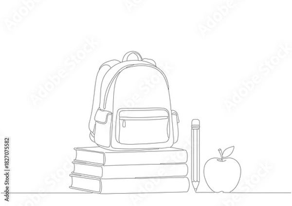 Obraz Continuous single line drawing of drawing of Books and school bags school supplies concept