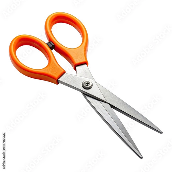 Fototapeta Sharp metal scissors with bright orange handles isolated on black background.
