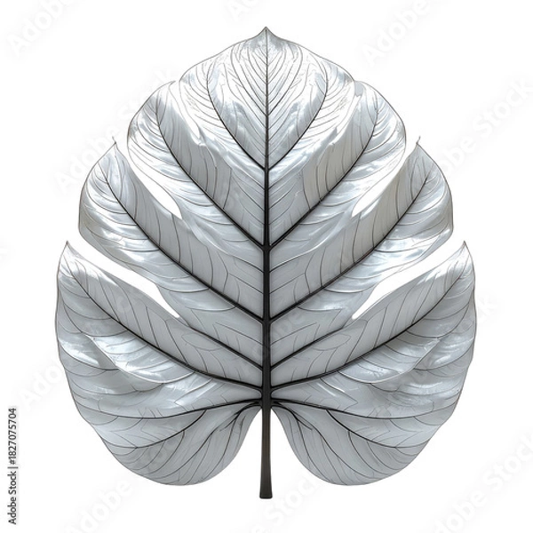 Fototapeta A striking, monochromatic 3D rendering of a split monstera leaf against a stark black background.