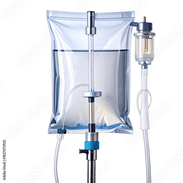 Fototapeta Close-up rendering of a medical intravenous fluid bag and drip set against a black background.