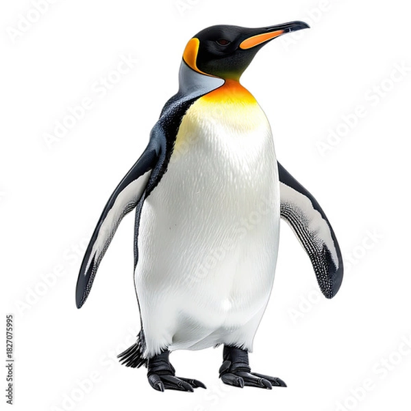 Fototapeta A striking portrait of a King Penguin isolated against a solid black background.