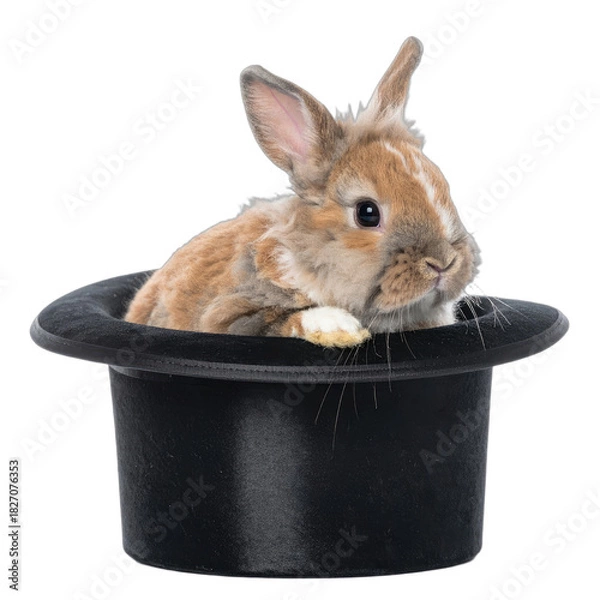Fototapeta A fluffy brown and white rabbit peeking out of a black magician's top hat against a solid black background.