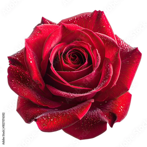 Fototapeta A rich, deep red rose, glistening with delicate water droplets, set against a pure black background.