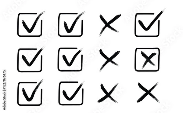 Fototapeta Hand drawn checkmark and cross icons with brush stroke tick box clipart set